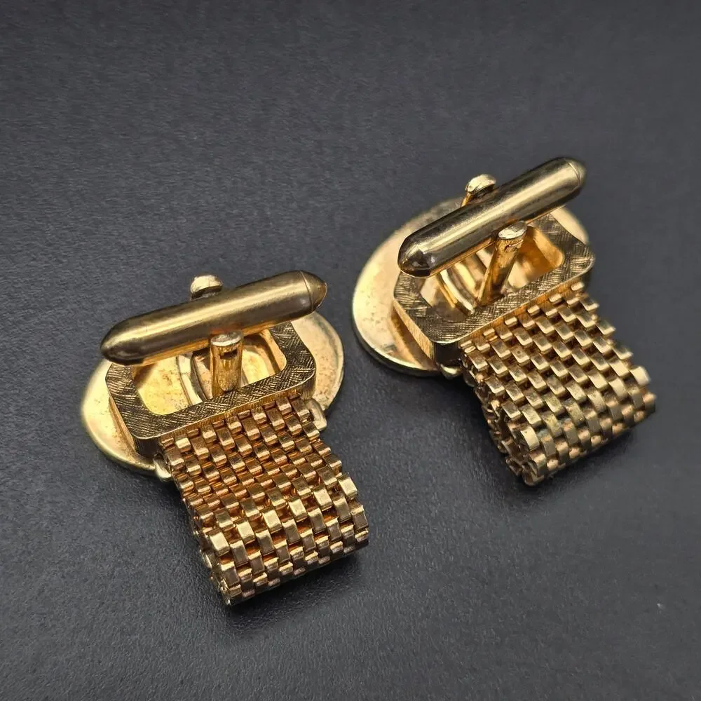 Gold Tone Oval Cufflinks with Gold Tone Mesh Vintage Men's Accessory